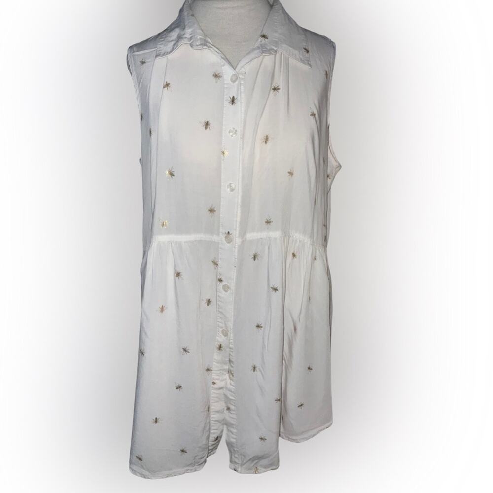 Anthropologie Solitaire White Gold Bee Print Sleeveless Button Tunic XL  Boho